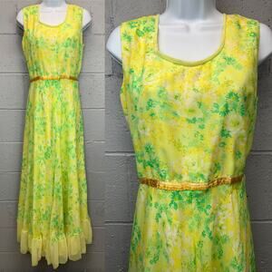 Vtg 70s Floral Chiffon Ruffled Sleeveless Gown Prom Maxi Dress XL